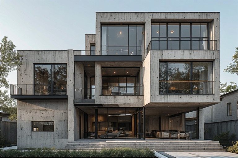 Industrial 3 floor house design with concrete and metal accents.