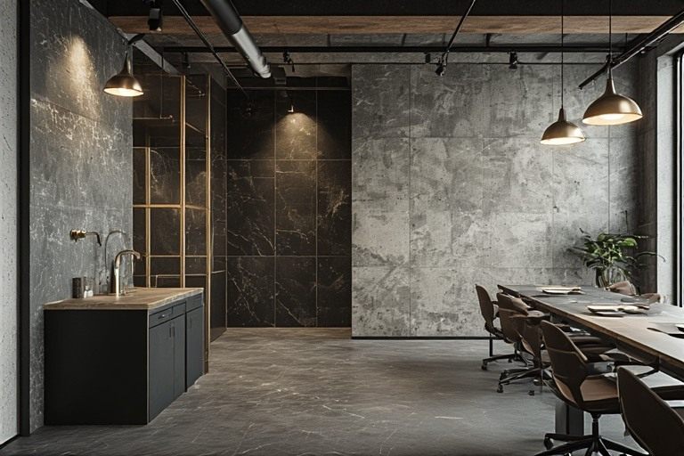 Industrial chic small office interior design with stone finish tiles