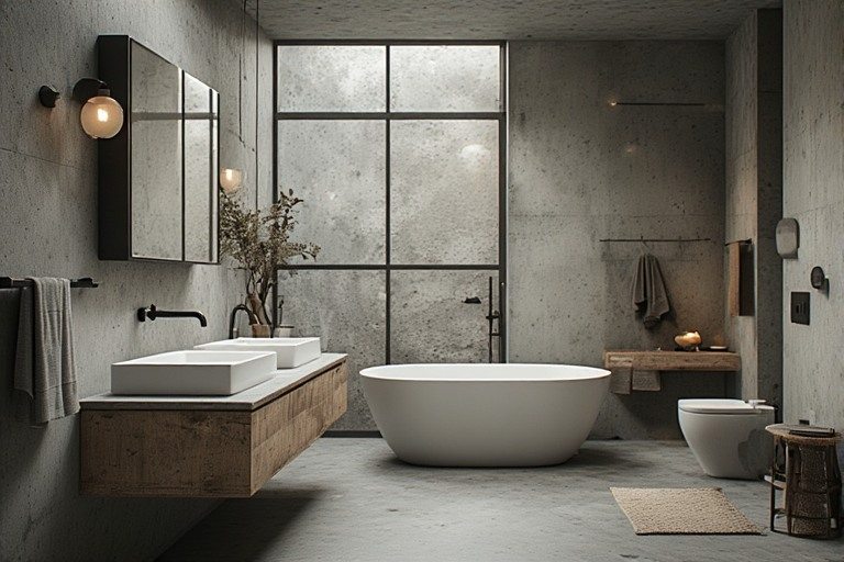 Industrial concrete bathroom interior design with raw textures