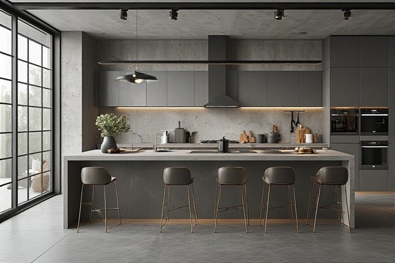 Industrial concrete grey and metallic kitchen colour combination