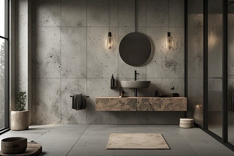 Industrial wash area design with durable concrete-look tile finishes.