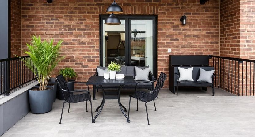 Industrial-Style Balcony with Exposed Brick Elevation Tiles