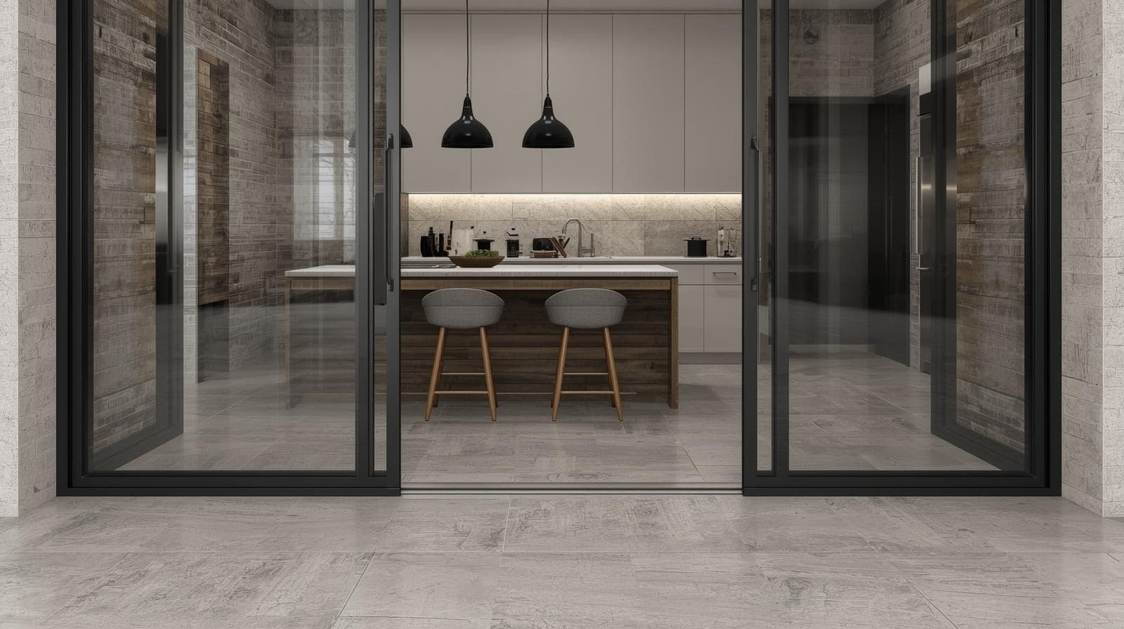 Industrial-Style Metal and Glass Entrances with Raw-Texture Floor Tiles.