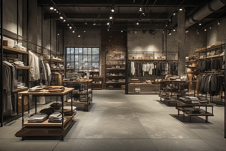 Industrial-style cloth shop design with concrete-look tiles for a modern urban showroom