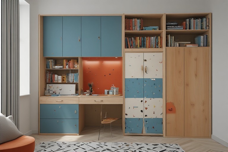 Modern wardrobe designs for children's room with built-in study desks.