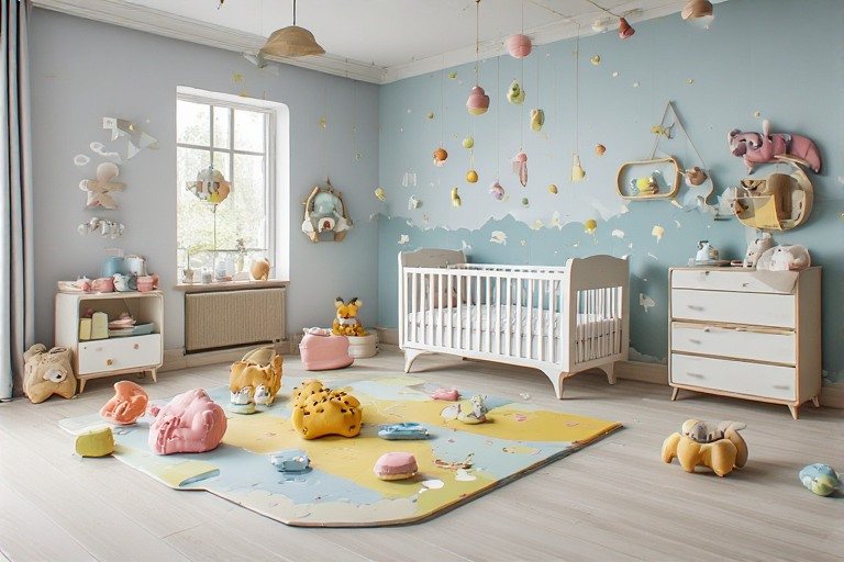 Interactive sensory baby room design with safe anti-skid flooring