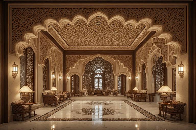 Intricate jaali work POP design for lobby with traditional motifs