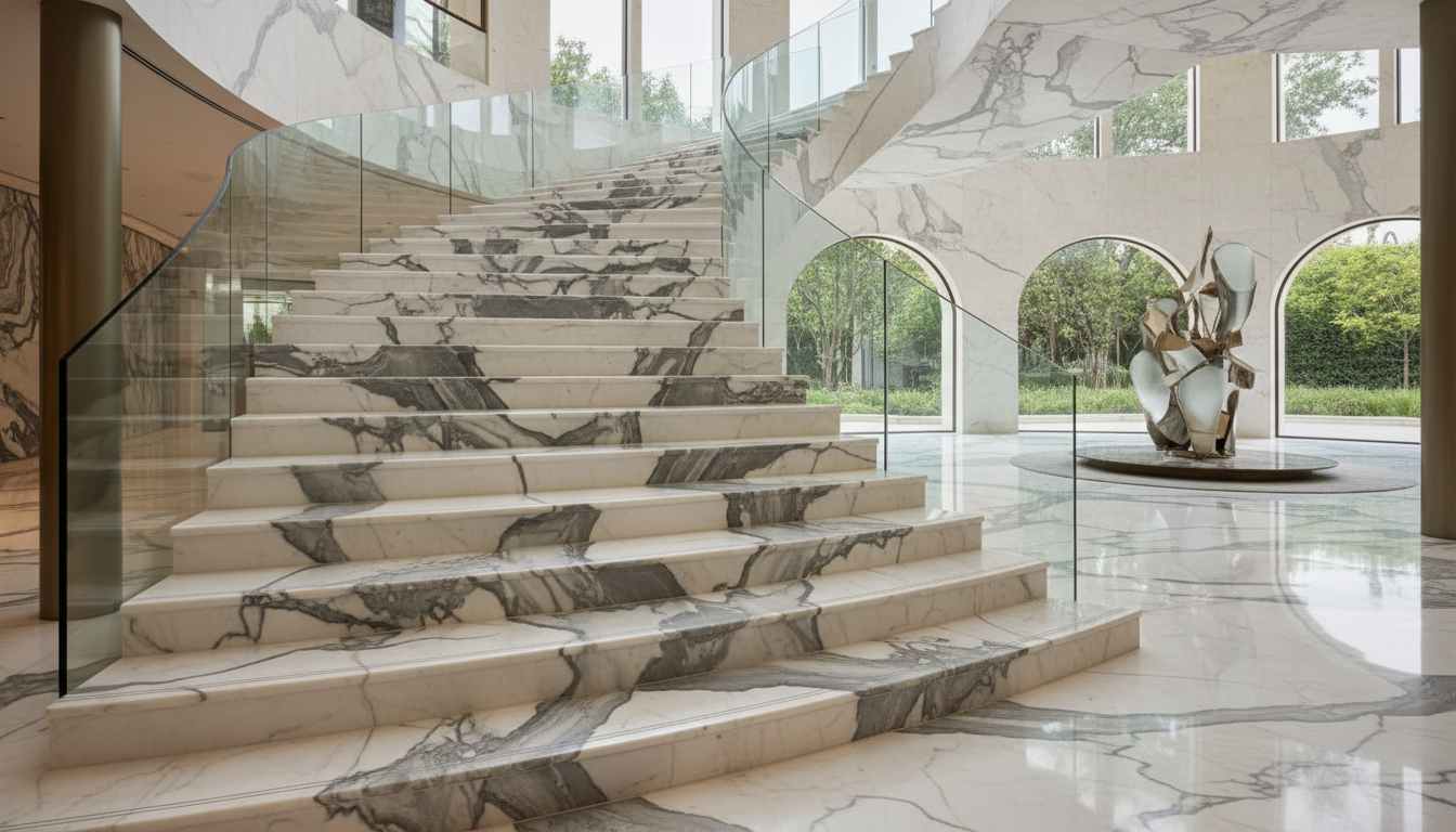 Intricate veined marble statement stair marble design