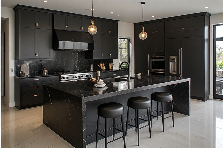 Modern Black Granite Kitchen with Island Design