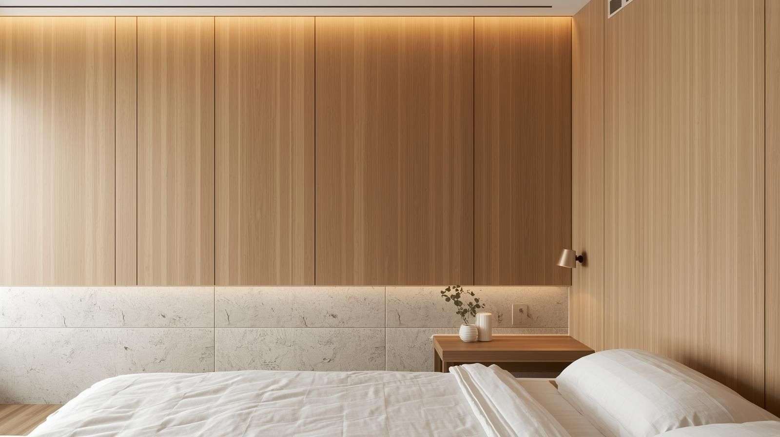 Japandi Style Wood Wall with Light-Coloured Tiles
