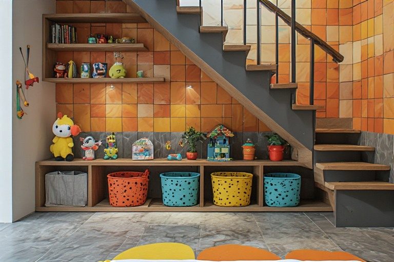 Fun kids play zone under stairs design with bright tiles