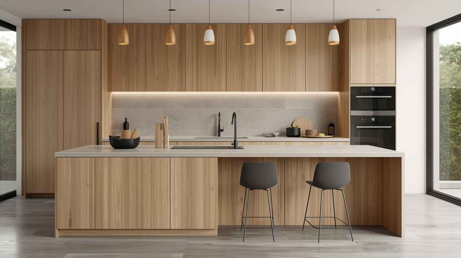 Kitchen Island with Maple Wood Finish and Textured Wall Tiles