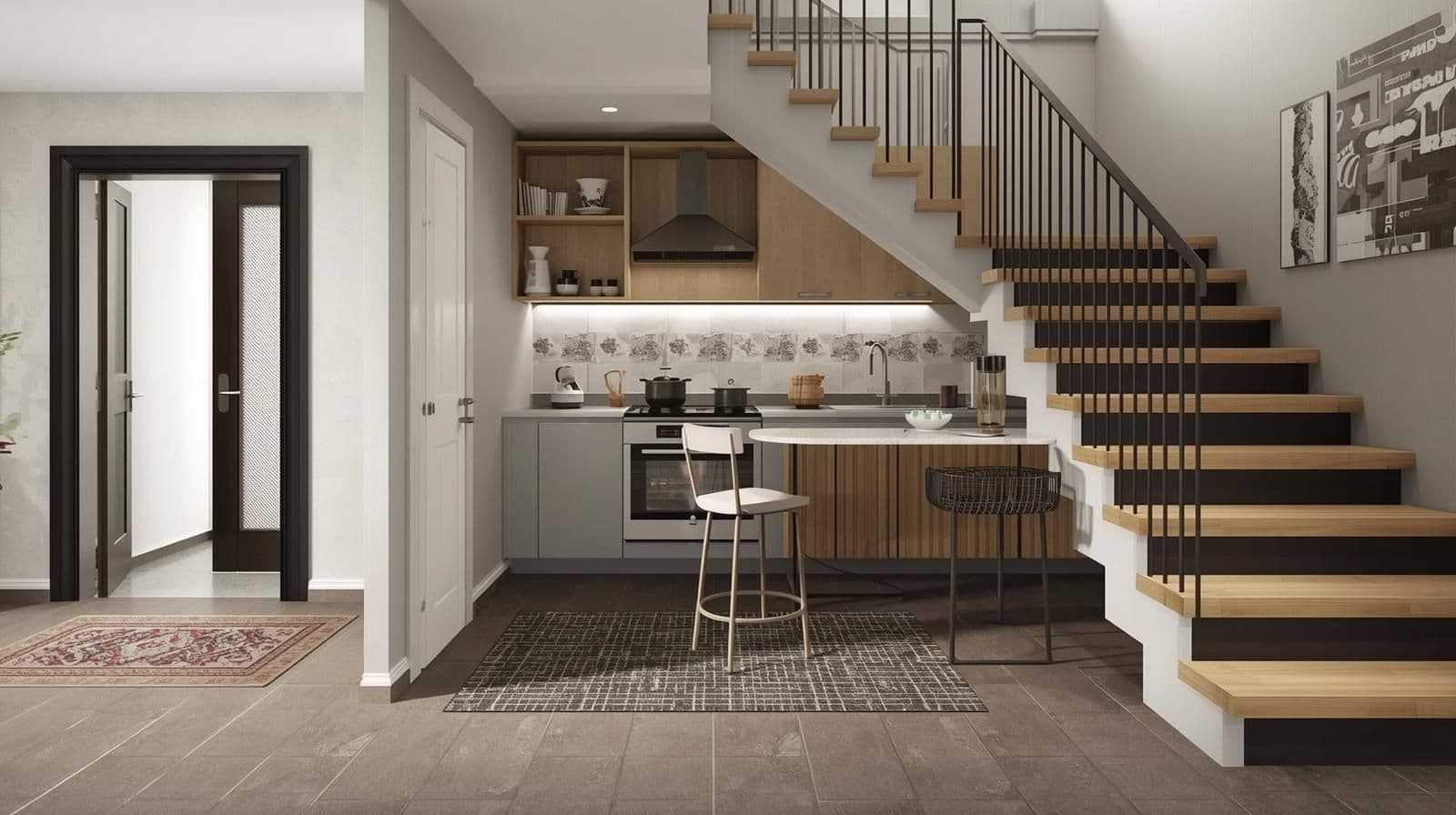 Kitchen Under the Staircase Entrance Design with Slip-Resistant Tiles.