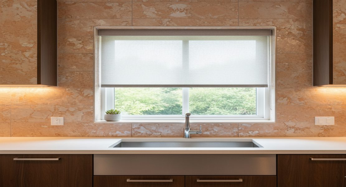 Kitchen Window with Roller Blinds & Textured Tiles