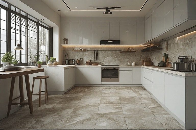 Safe L-shape modular kitchen design with durable anti-skid floor tiles