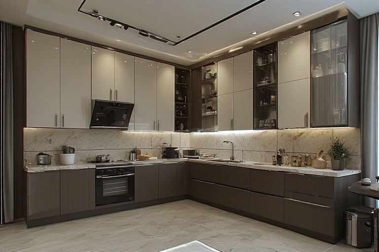 Two-tone L-shape modular kitchen design with contrasting upper and lower cabinets