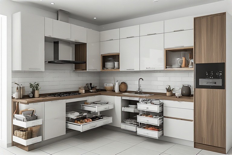 L-shape modular kitchen design featuring smart corner storage pull-out units