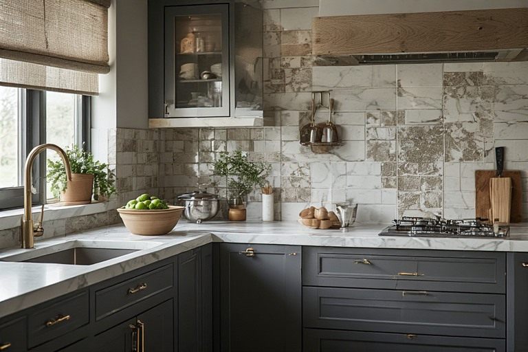 L-shape modular kitchen design highlighted by decorative statement backsplash tiles