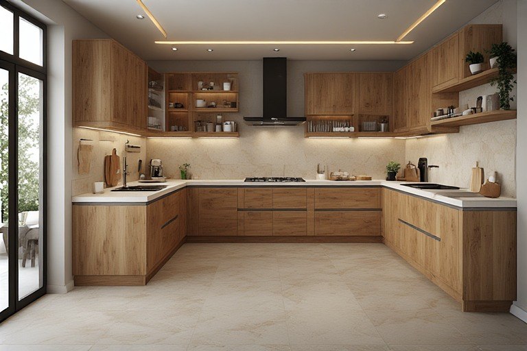 Cosy L-shape modular kitchen design with warm wood finishes and neutral tones
