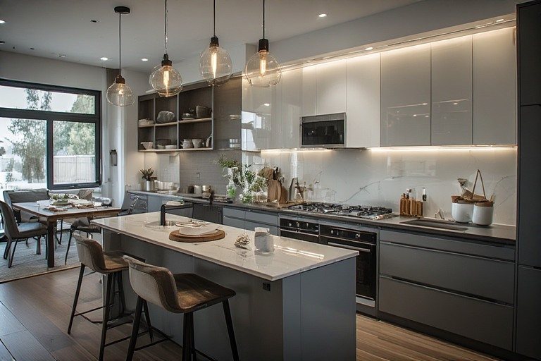 Modern L-shape modular kitchen design with an integrated breakfast counter