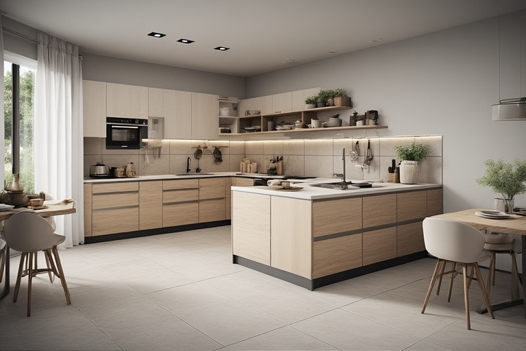 Efficient L-shaped simple kitchen design maximizing corner storage and workspace.