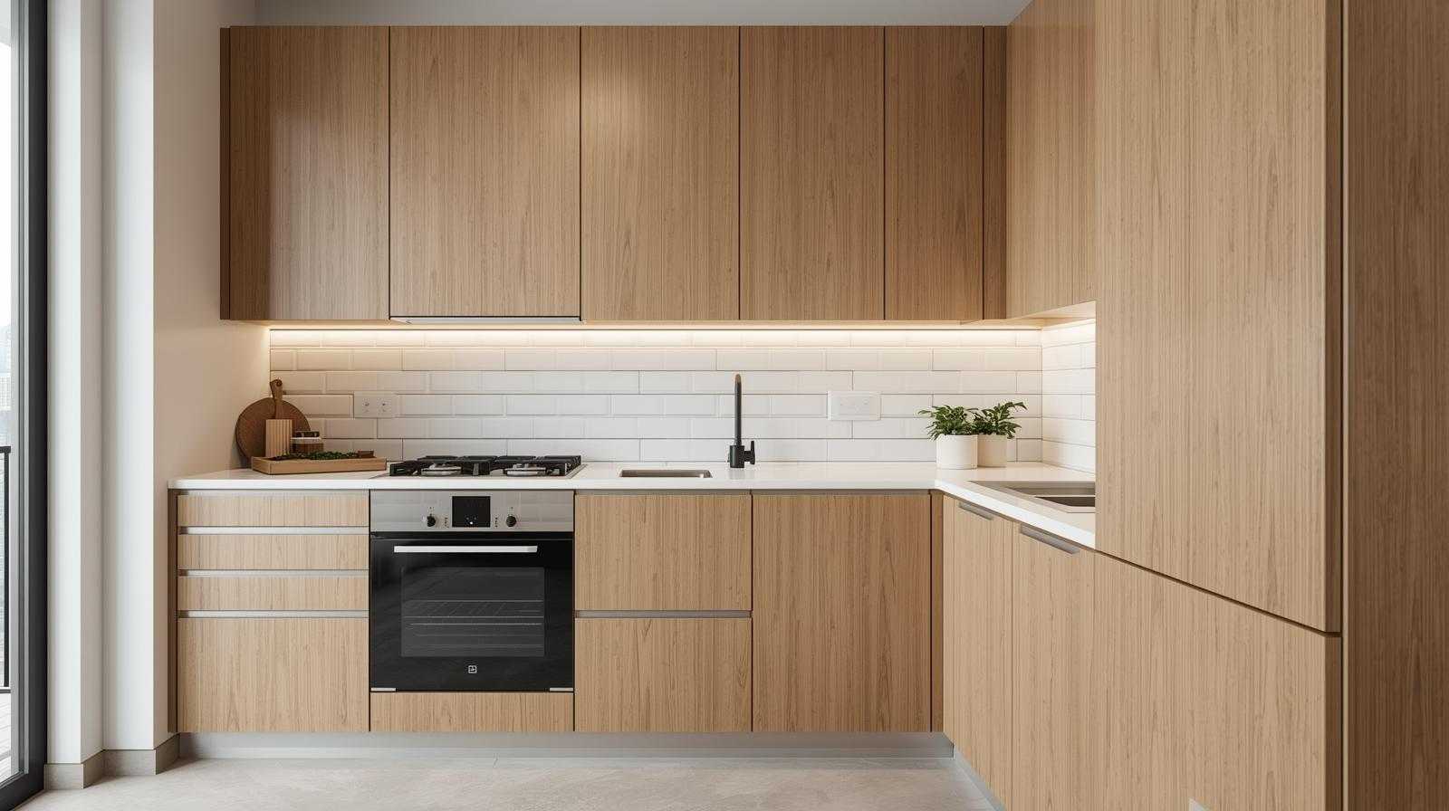 L-Shaped Wood Kitchen with Glossy Subway Tiles