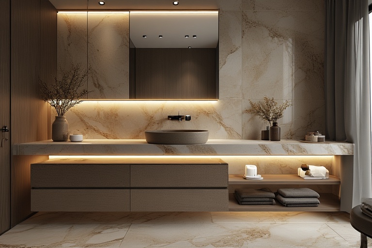 LED Lit Bathroom Cabinet with Designer Wash Basin for Contemporary Spaces