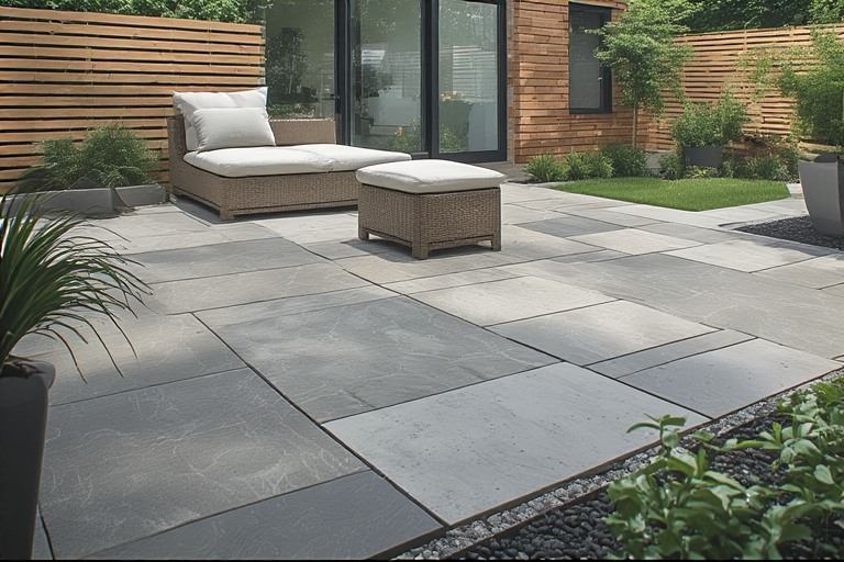 Expansive stone-look garden tiles for a seamless patio design