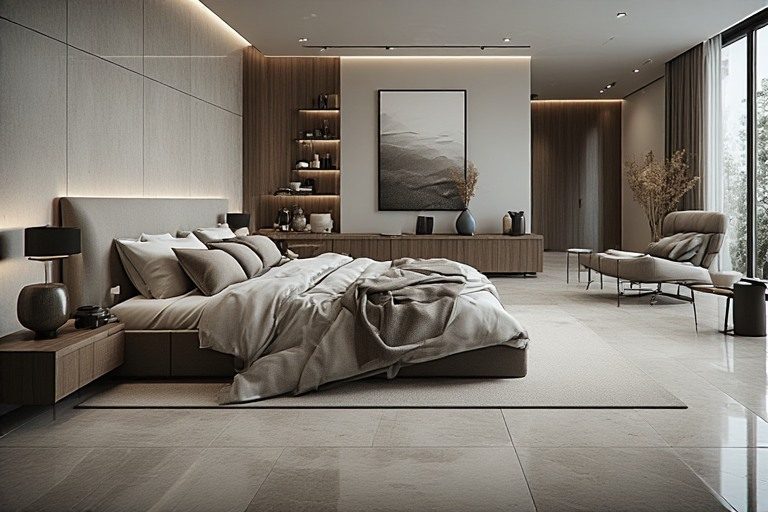 Large format tiles for seamless luxury bedroom interior design
