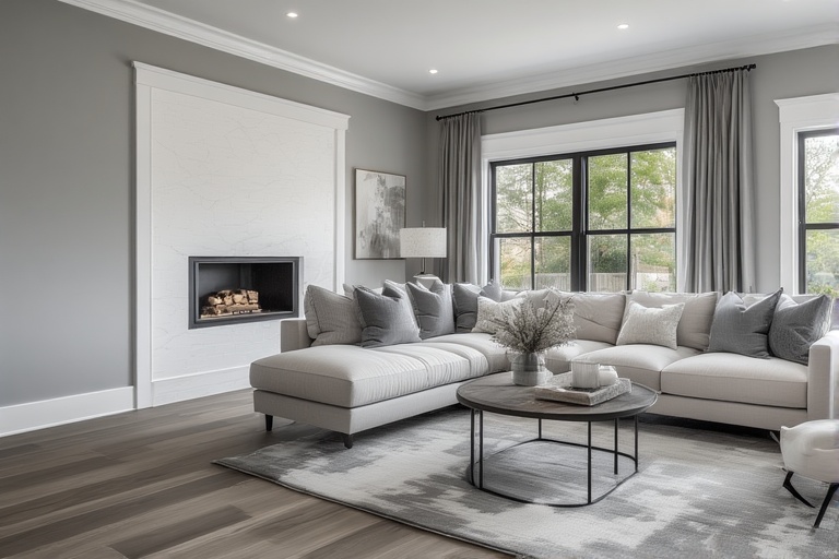 Light Grey Walls with Crisp White Trim for a Soft and Elegant Atmosphere