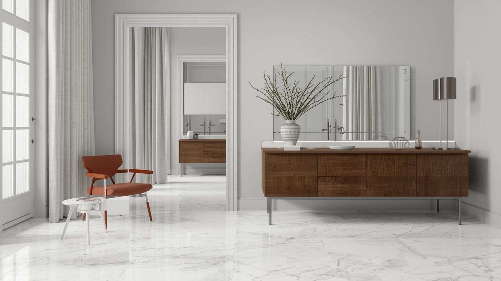 Light Grey Walls with White Marble Tiles