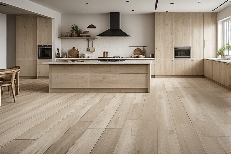 Airy light wood grain kitchen floor ideas for Scandi style