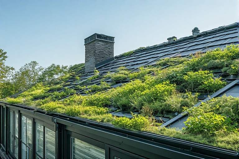 Sustainable living green roof tile texture supporting natural vegetation