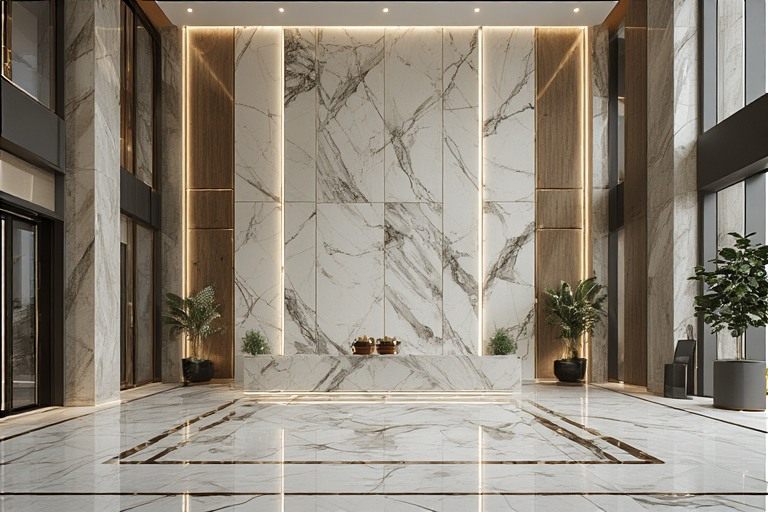Luxurious marble-effect lobby design featuring Statuario veined tiles.