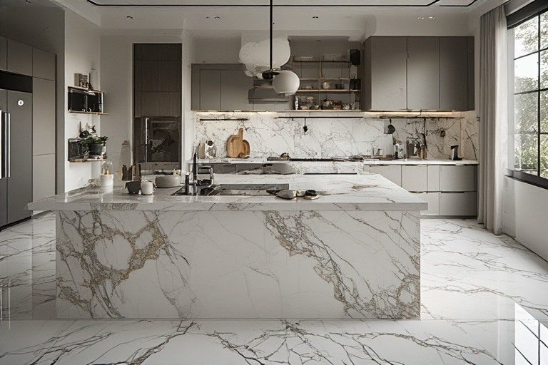 Luxury marble kitchen design and flooring.