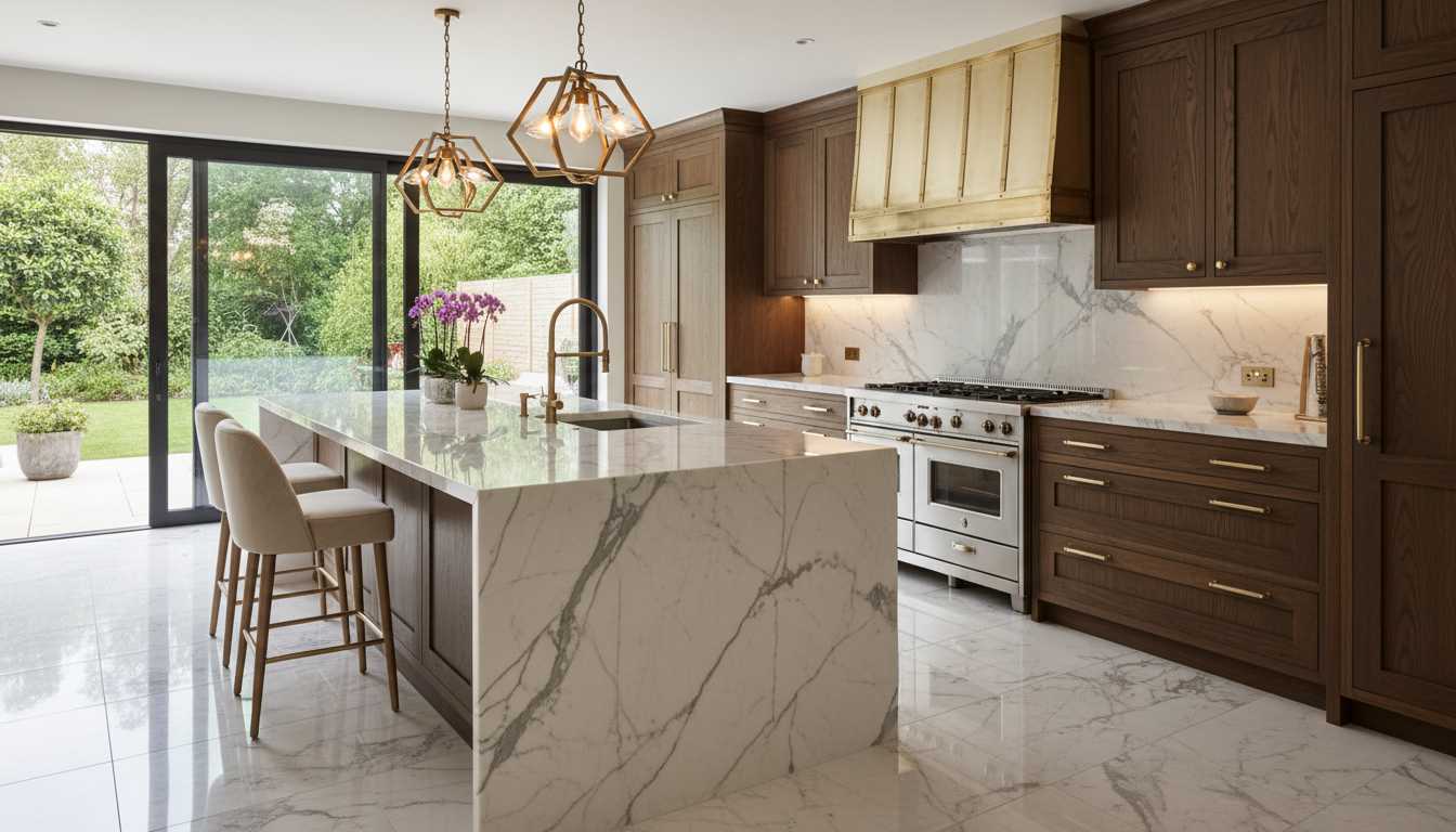Premium luxury kitchen interior design with marble tiles