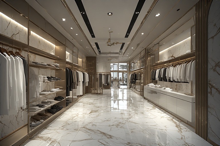 Luxury boutique cloth shop design using marble effect tiles for an elegant retail interior