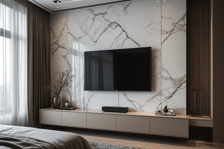 Marble-Backed Luxury TV Unit Design for Premium Bedroom Interiors