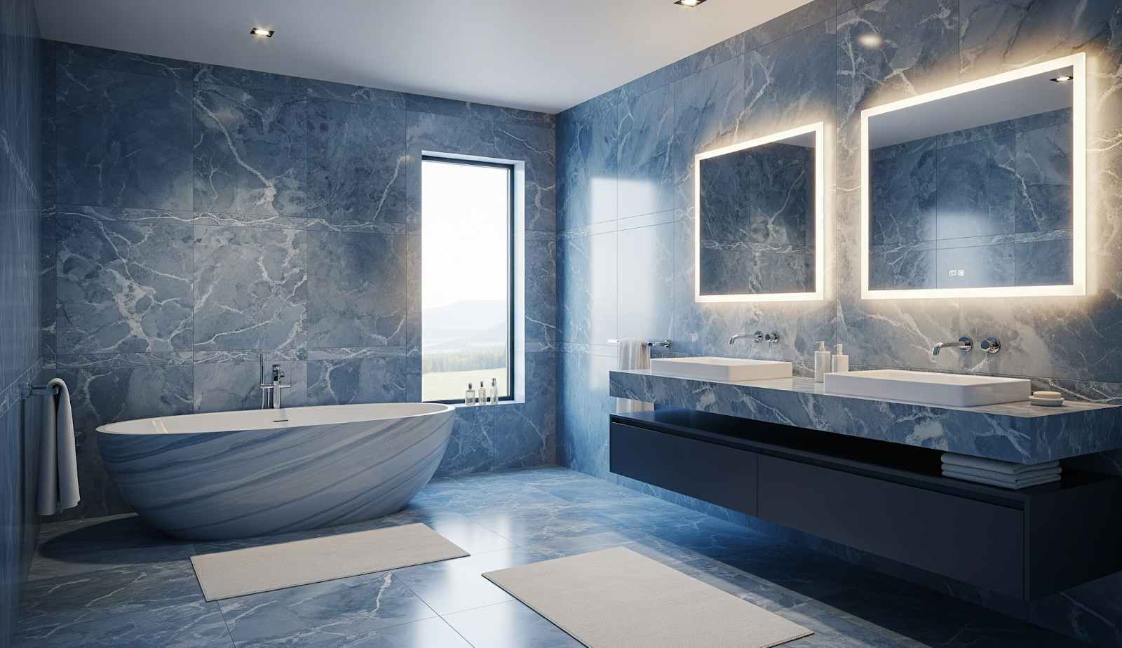 Marble-Effect Blue Tiles for Luxury Bathrooms