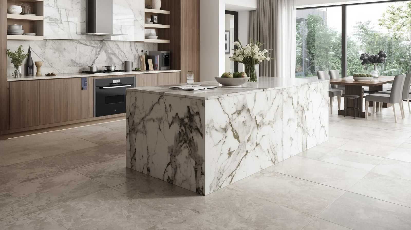 Marble Kitchen Island with Neutral Tile Flooring