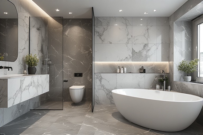 Marble Look Grey and White Bathroom Tiles