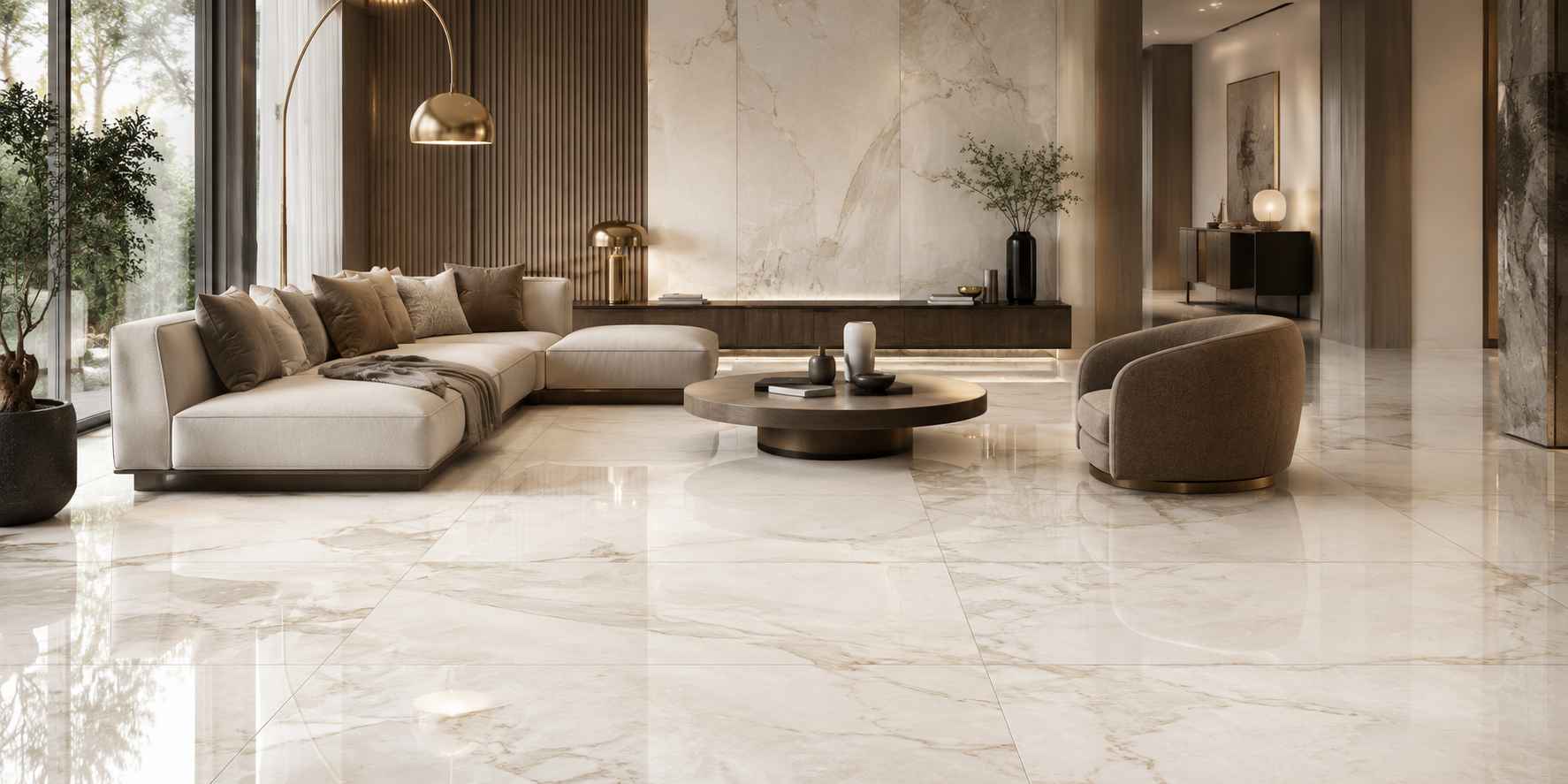 Double Height Living Room with Marble Flooring