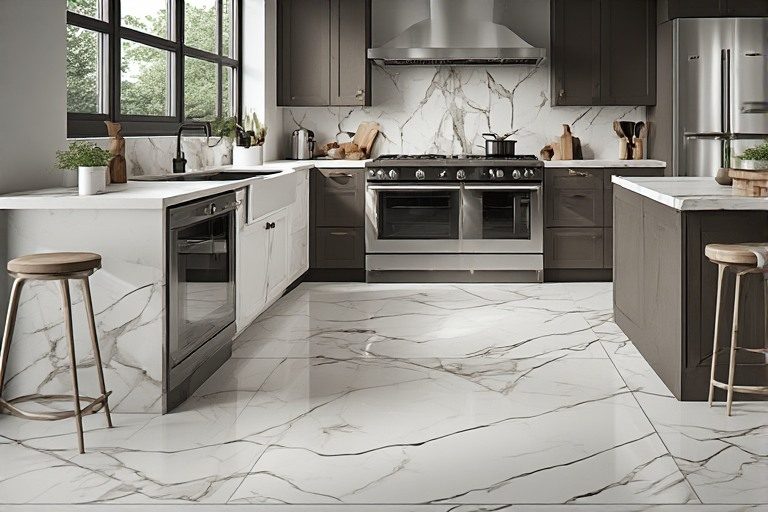 Luxury marble look kitchen floor ideas with stain resistance