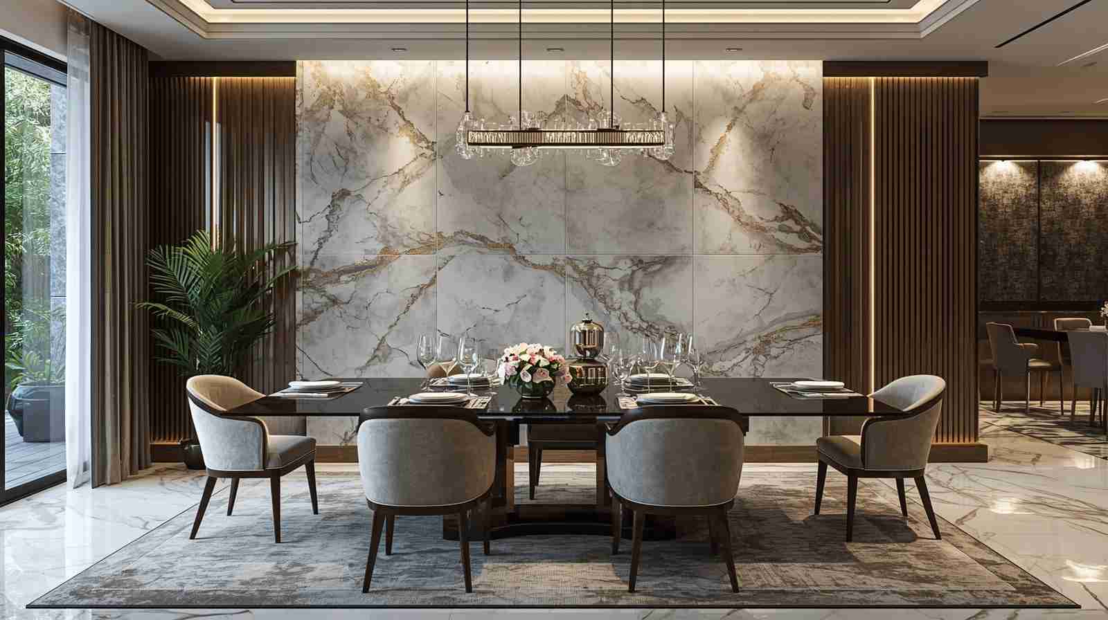Marble Texture Accent Wall in Dining Areas