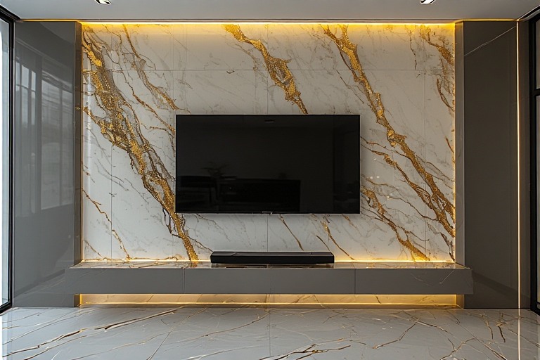 Marble and Onyx Finish TV Wall Tiles Design