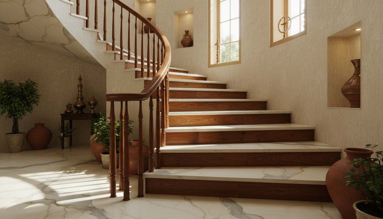 Warm blend of marble stairs design for home with wooden accents