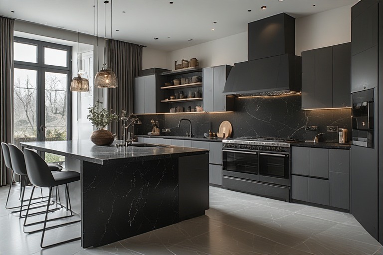 Modern Black Granite Kitchen in Matte Finish