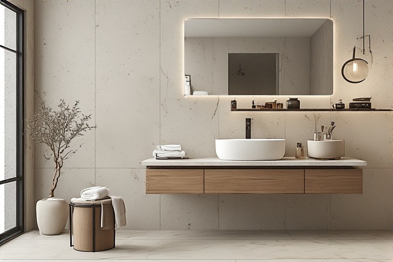 Modern bathroom interior design featuring matte finish tiles