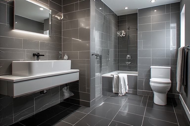 Matte Grey and Glossy White Bathroom Tile