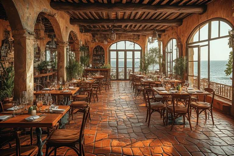 Mediterranean restaurant design with terracotta inspired floor tiles
